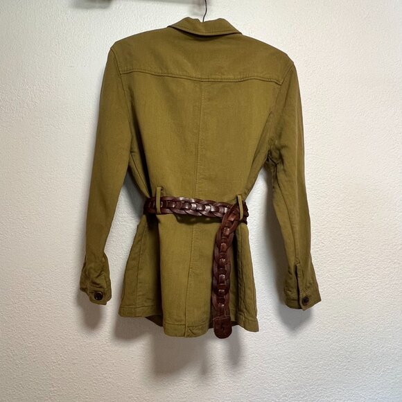 H&M Linen Blend Green Utility Jacket w Braided Leather Holister Belt Size 2 - Picture 7 of 16
